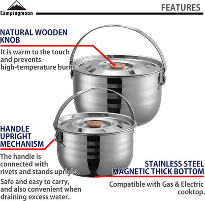 Camping Cookware Nesting Set - Stainless Steel with Storage Carrying Tote Bag