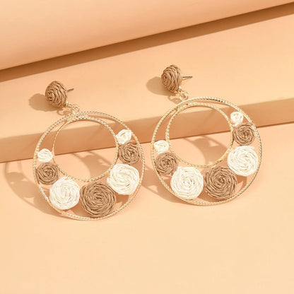 Bohemia Hit Color Round Earrings - Handmade Rattan Weave 