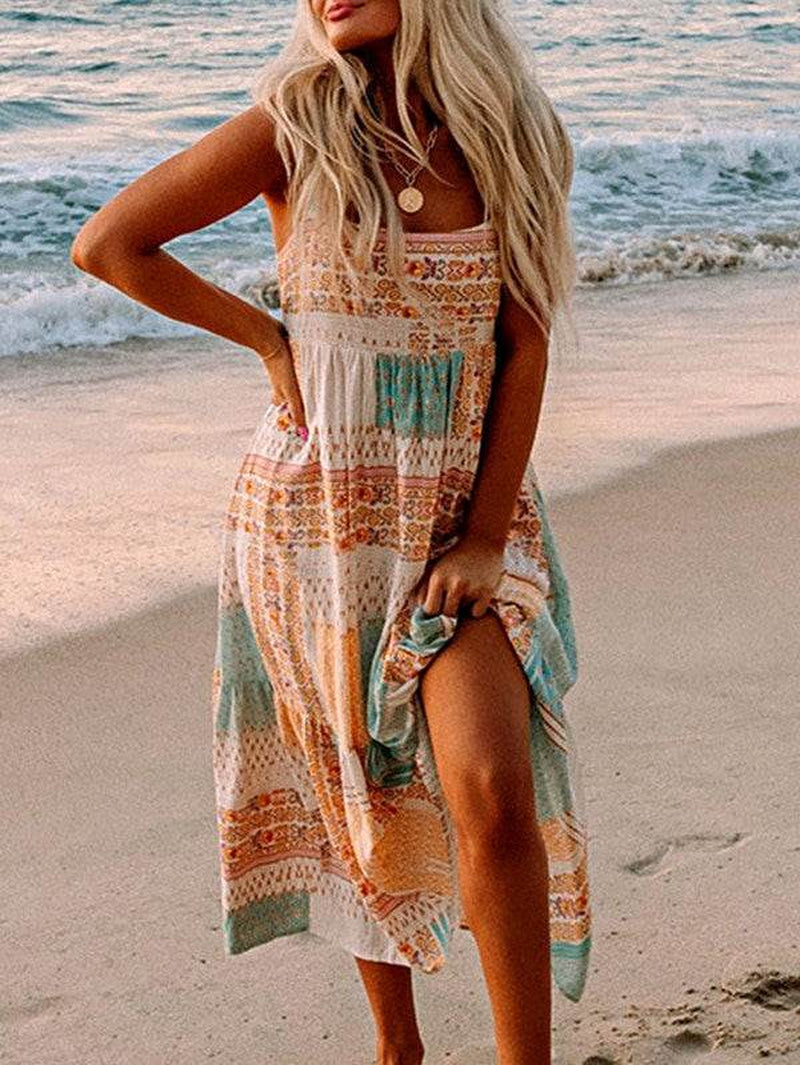 Mint Boho Patchwork Print Square Neck Sundress