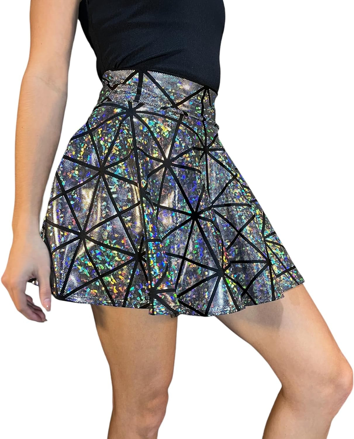 Holographic Silver Geometric Festival Skirt