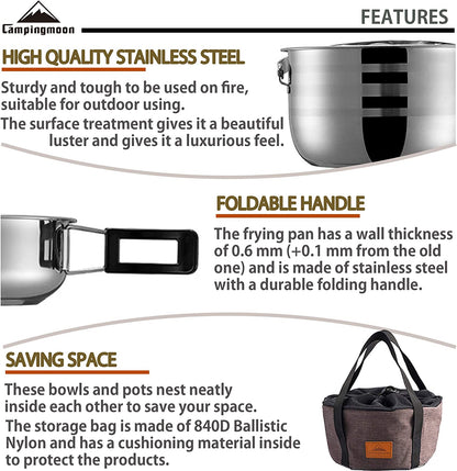 Camping Cookware Nesting Set - Stainless Steel with Storage Carrying Tote Bag