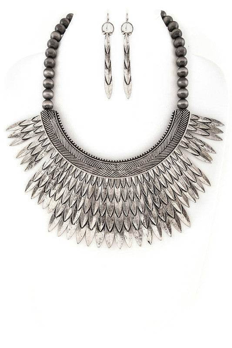 Metal Feather Statement Collar Necklace Set