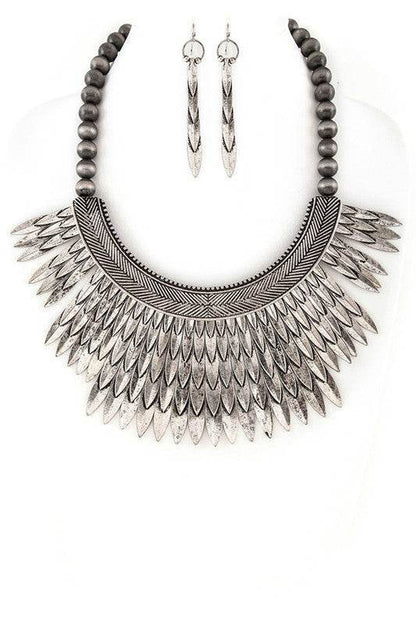 Metal Feather Statement Collar Necklace Set