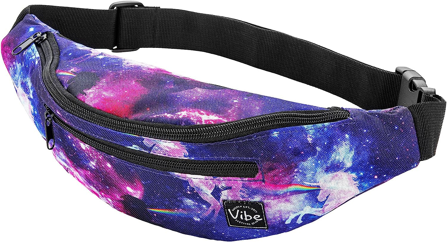 Fanny Pack for Men Women - Many Prints - Black Holographic Silver Gold Cute Waist Bag for Festival Rave Hiking Running Cycling