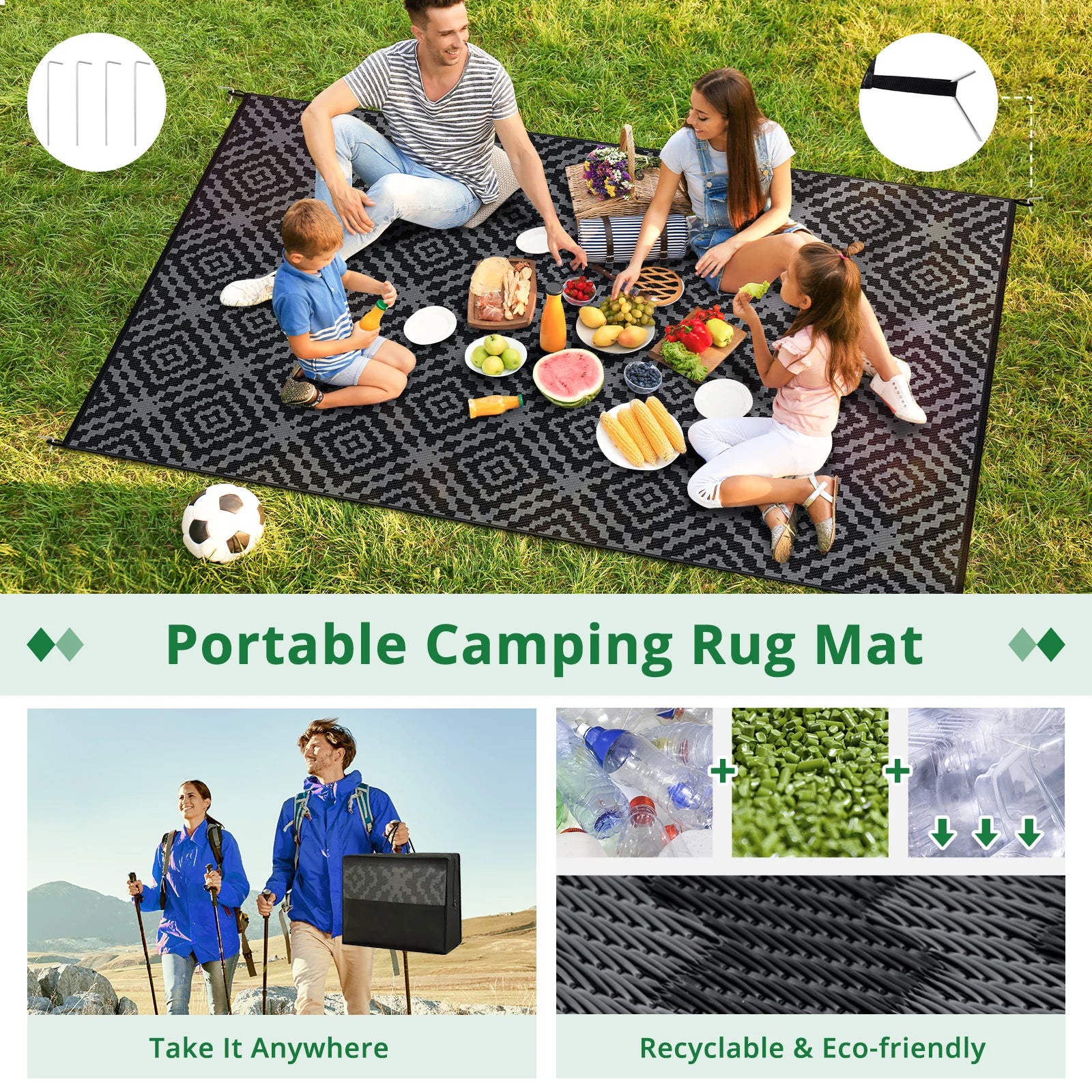 Outdoor Camping Rug Waterproof 6X9FT Reversible  with Transport Bag & 4 Stakes