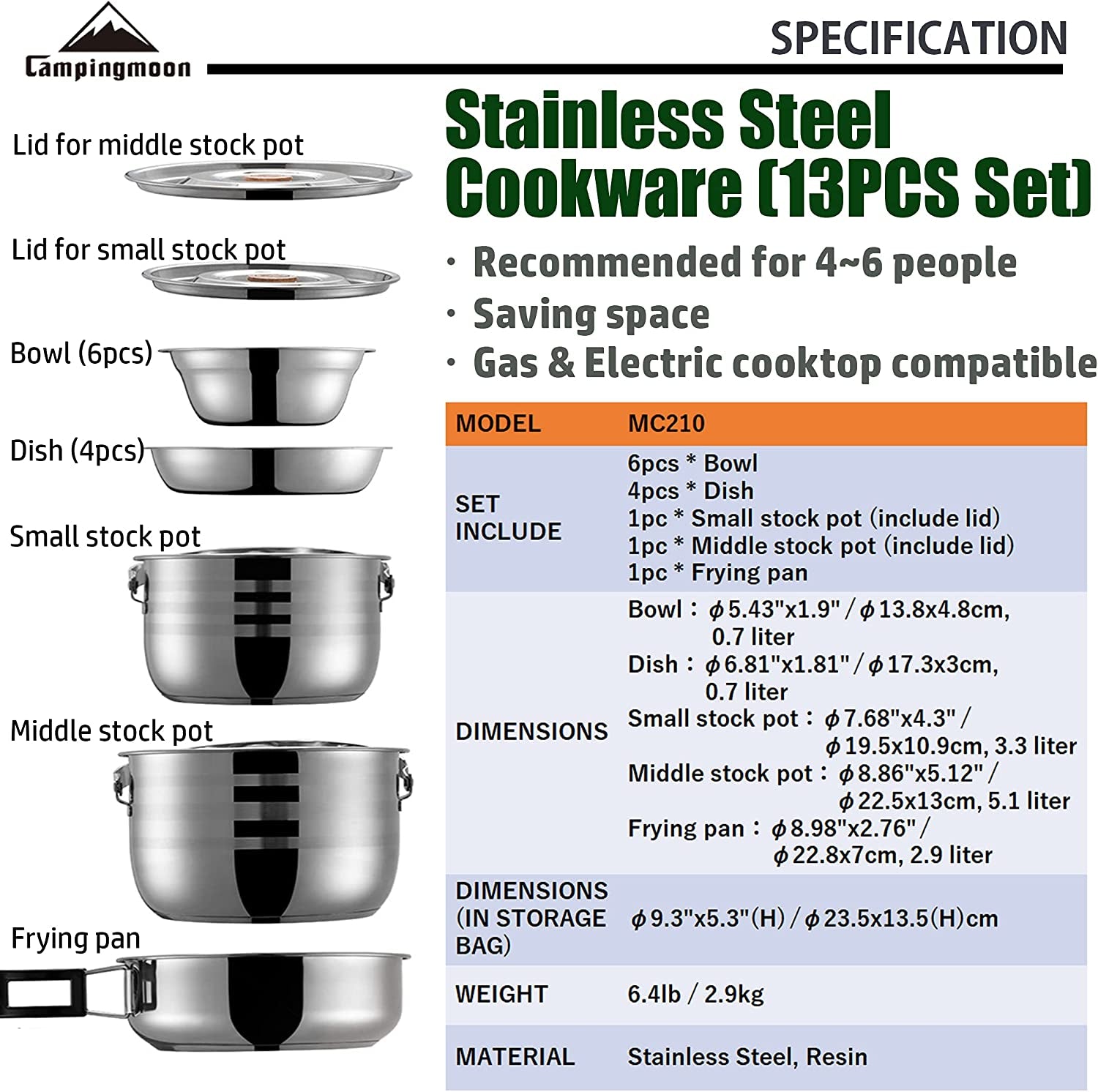 Camping Cookware Nesting Set - Stainless Steel with Storage Carrying Tote Bag