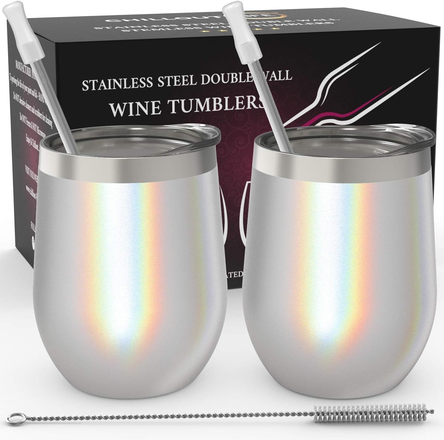 Stainless Steel Wine Tumblers 2 Pack 12 Oz - Double Wall Vacuum Insulated Wine Cups with Lids and Straws Set for Coffee, Wine, Cocktails (Mermaid Sparkle)
