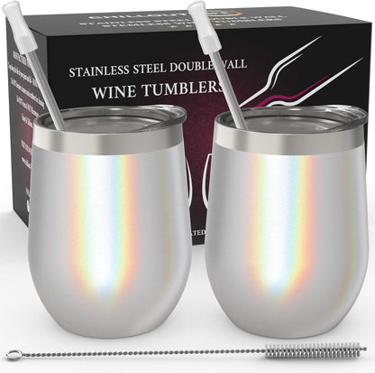 Stainless Steel Wine Tumblers 2 Pack 12 Oz - Double Wall Vacuum Insulated Wine Cups with Lids and Straws Set for Coffee, Wine, Cocktails (Mermaid Sparkle)