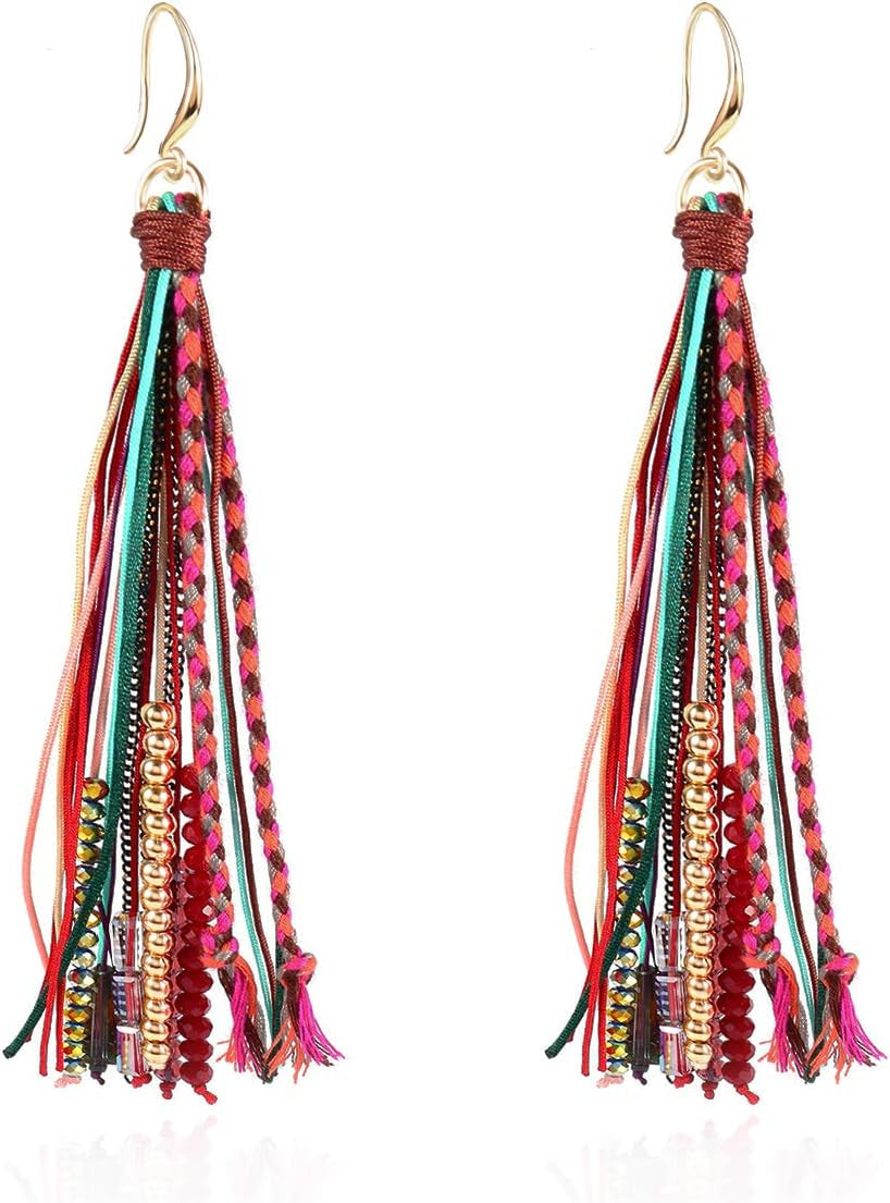Bohemian Feather Dangle Earrings for Women with Shell Beads Long Tassel Design Drop Earrings