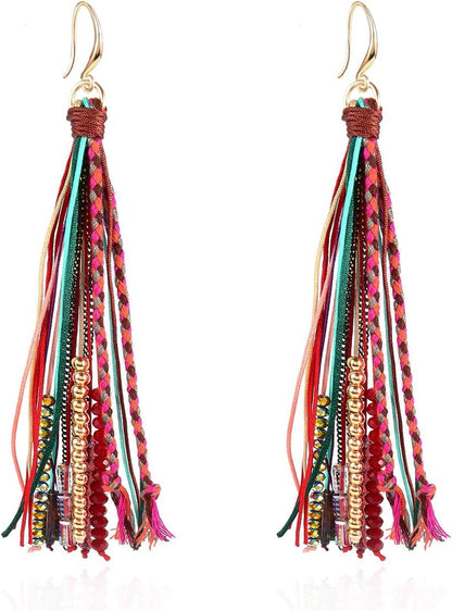 Bohemian Feather Dangle Earrings for Women with Shell Beads Long Tassel Design Drop Earrings