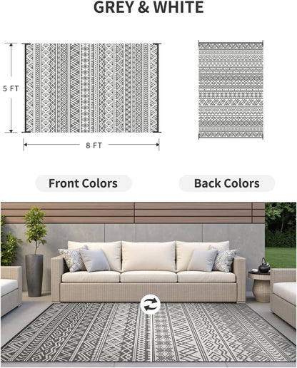 Reversible Outdoor Rug for Camping Boho Grey