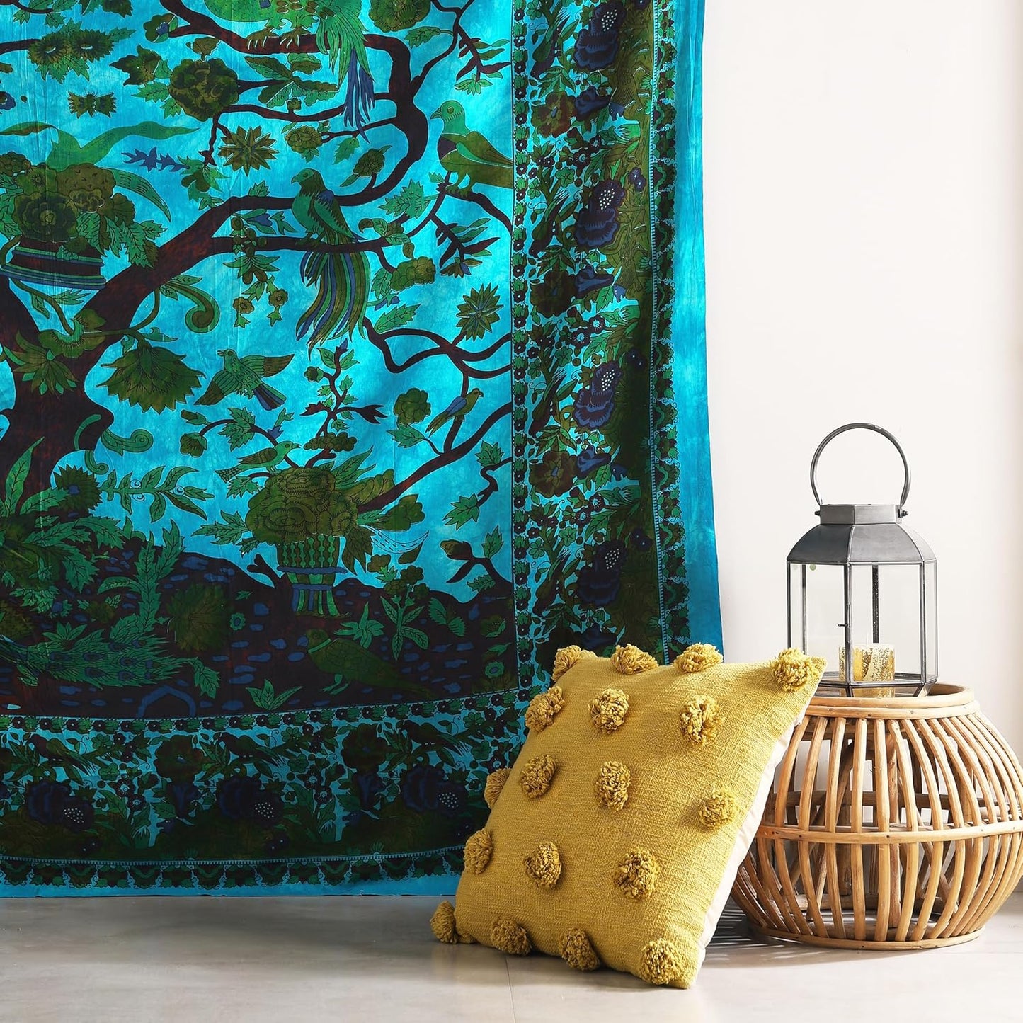 Tapestry Wall Hanging Tree of Life Hippie Mandala Bohemian Hippy Kaleidoscopic Intricate Floral Design Indian Tapestries Bedspread 84X90 Inches,(215Cm X 230Cm) Turquoise