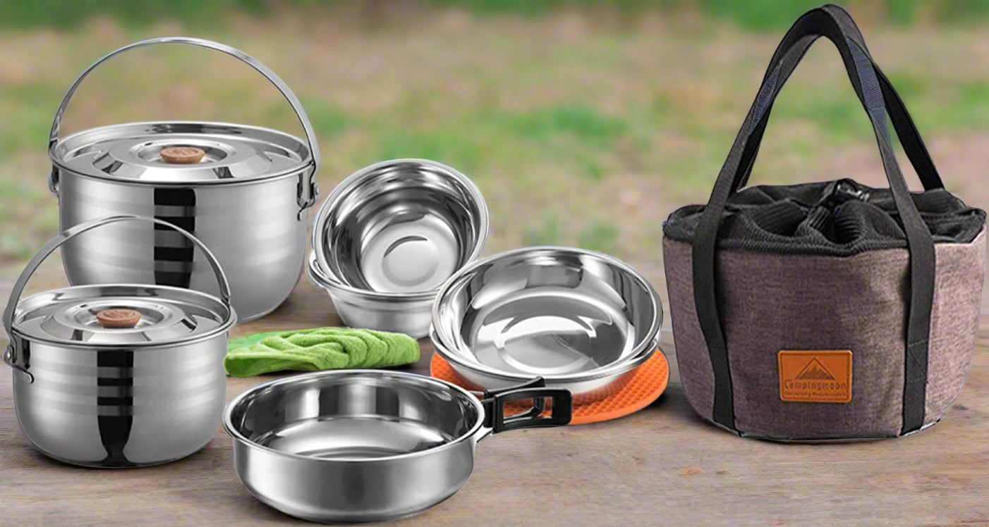 Camping Cookware Nesting Set - Stainless Steel with Storage Carrying Tote Bag