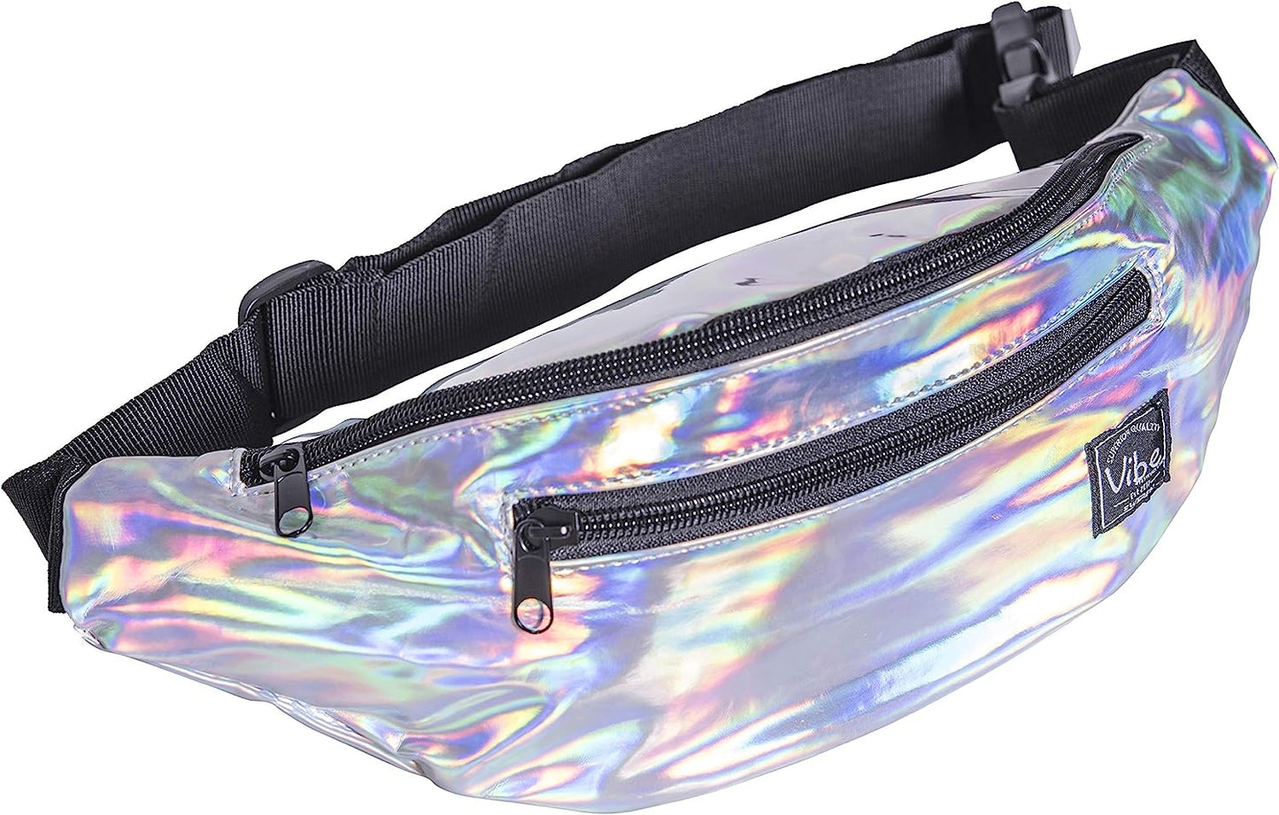 Fanny Pack for Men Women - Many Prints - Black Holographic Silver Gold Cute Waist Bag for Festival Rave Hiking Running Cycling