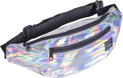 Fanny Pack for Men Women - Many Prints - Black Holographic Silver Gold Cute Waist Bag for Festival Rave Hiking Running Cycling