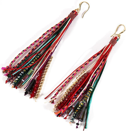 Bohemian Feather Dangle Earrings for Women with Shell Beads Long Tassel Design Drop Earrings