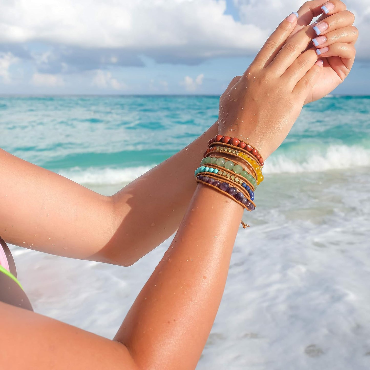 Natural Stone Wrap Bracelet for Women/Men | Adjustable Multilayer Genuine Leather Boho Handmade Beaded Bracelet