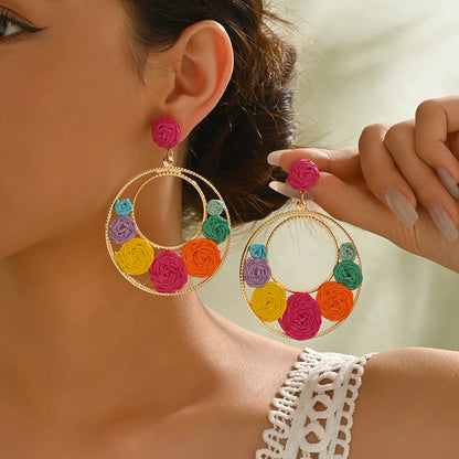 Bohemia Hit Color Round Earrings - Handmade Rattan Weave 