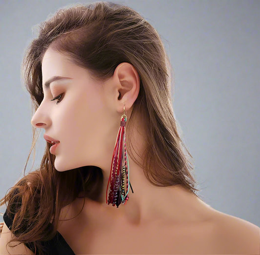Bohemian Feather Dangle Earrings for Women with Shell Beads Long Tassel Design Drop Earrings